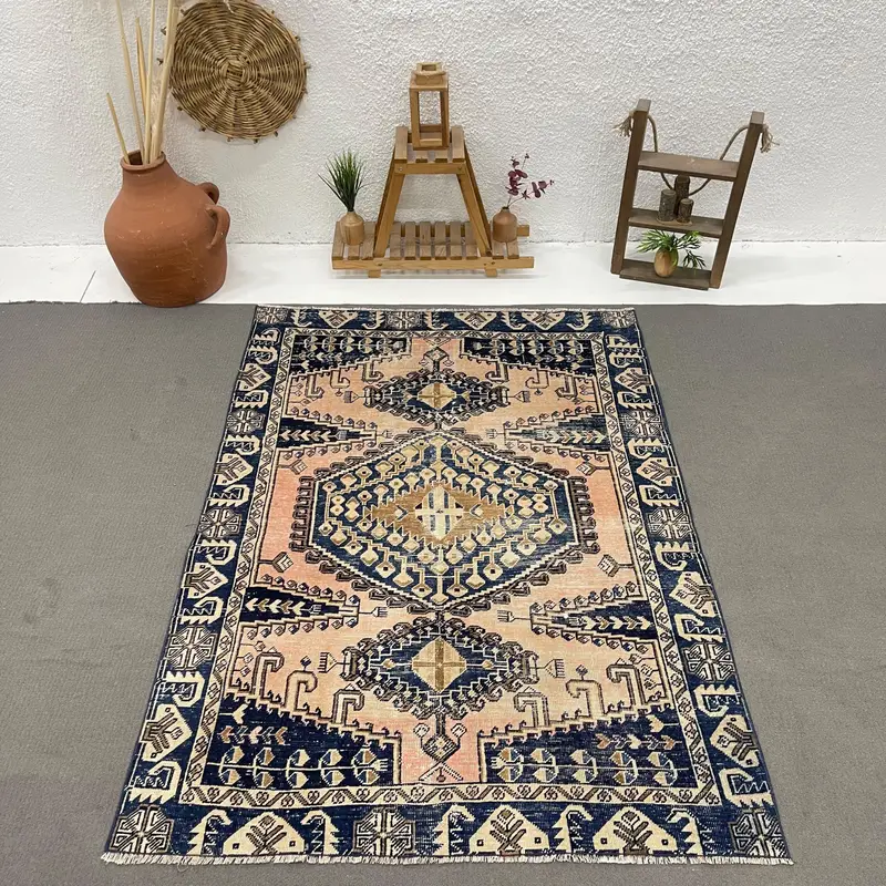 Turkish Vintage Rug 4.6x6.5 ft (139x198 cm), Oushak Blue Brown Abstract Rug - 1