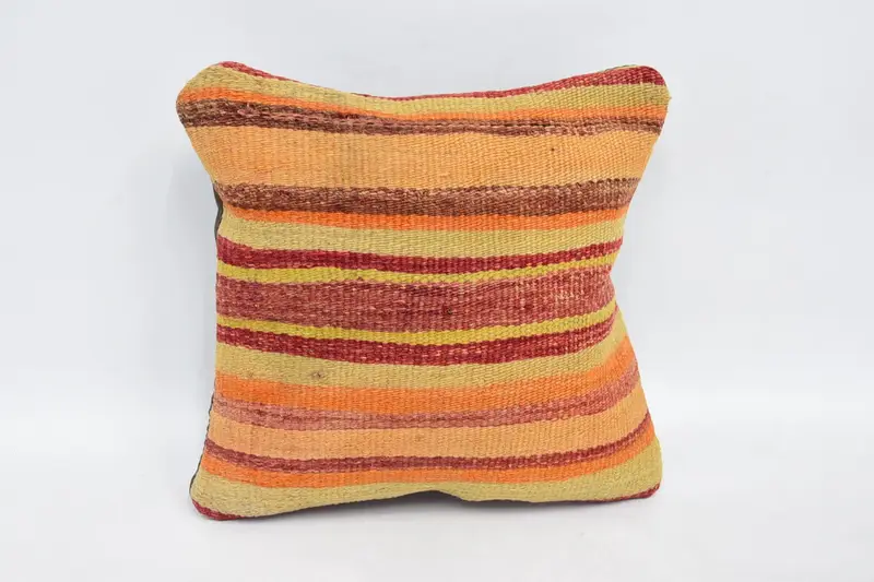 Ethnical Kilim Rug Pillow, Throw Kilim Pillow, 12x12 Orange Cushion, Home Decor Pillow, Meditation Pillow Case, Cushion Case - 1