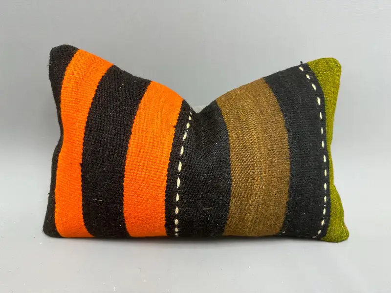 Turkish Kilim Pillow, Vintage Kilim Pillow, Lounge Throw Pillow Sham, Tribal Cushion Case, Pillow Sham, Kilim Pillow Cover, 12x20 Orange Pillow Sham - 1