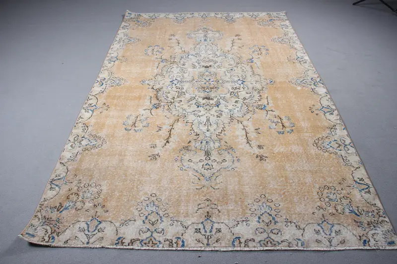 Turkish Vintage Rug 5.7x9.1 ft (174x276 cm), Oushak Brown Bordered Rug - 1