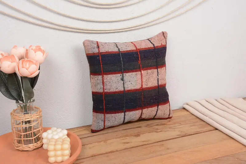 Besticktes Beige & Braun gestreiftes Wurfkissen, 14x14 Vintage Kissen