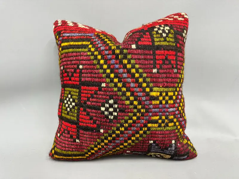 Ethnical Kilim Rug Pillow, Home Decor Pillow, Pattern Throw Pillow Cover, 18x18 Red Pillow Cover, Pillow Cover, Handmade Kilim Cushion - 1