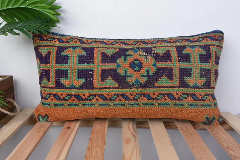 Antique Pillows, Cushion Case, Throw Kilim Pillow, Toss Cushion Case, 12x24 Blue Pillow Cover, Cotton Pillow Case, Vintage Kilim Pillow - 1