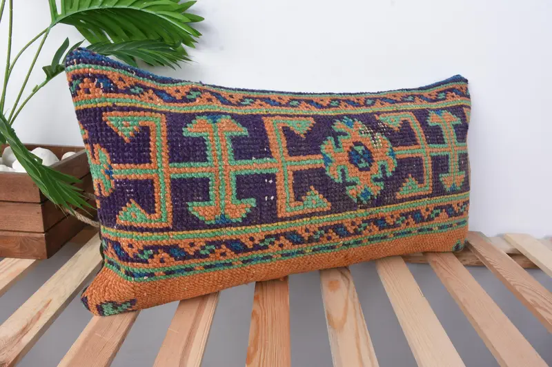 Antique Pillows, Cushion Case, Throw Kilim Pillow, Toss Cushion Case, 12x24 Blue Pillow Cover, Cotton Pillow Case, Vintage Kilim Pillow - 5