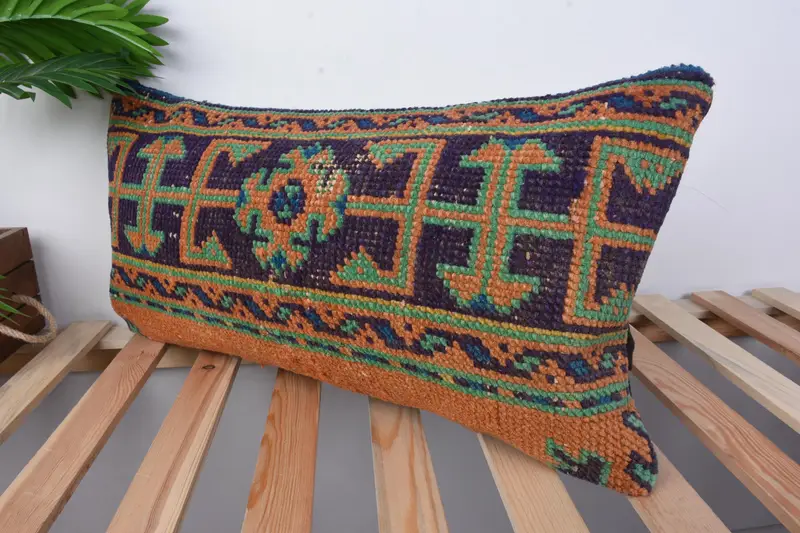 Antique Pillows, Cushion Case, Throw Kilim Pillow, Toss Cushion Case, 12x24 Blue Pillow Cover, Cotton Pillow Case, Vintage Kilim Pillow - 4