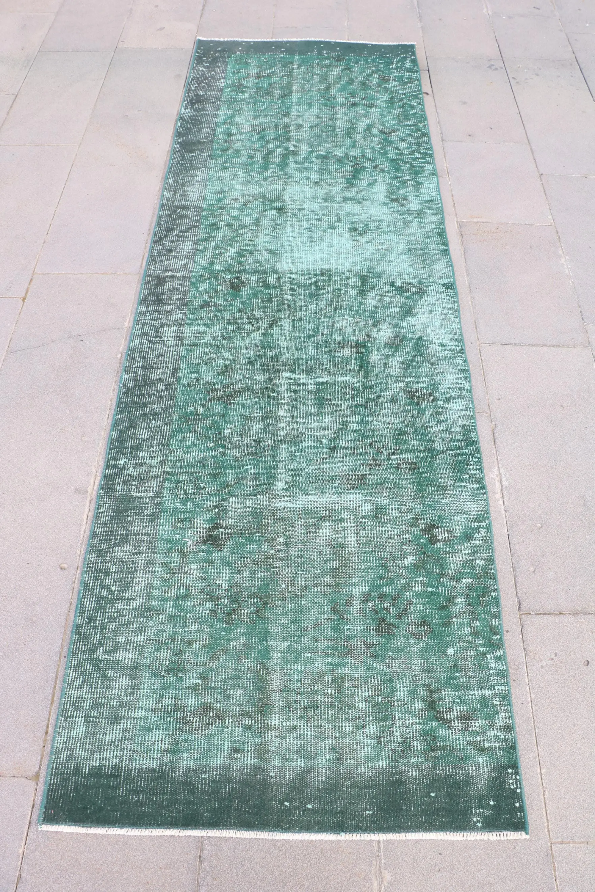 2.8x9 ft Turkish Vintage Rug, Runner Rug, Green Blue Moroccan Wool Rug - 1