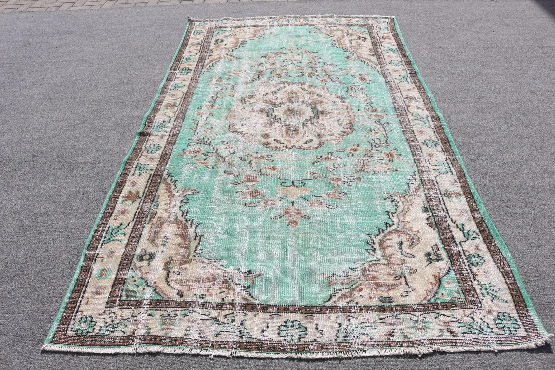 Turkish Vintage Rug, 5.3x8.9 ft Rug, Green Brown Oriental Wool Rug - 1
