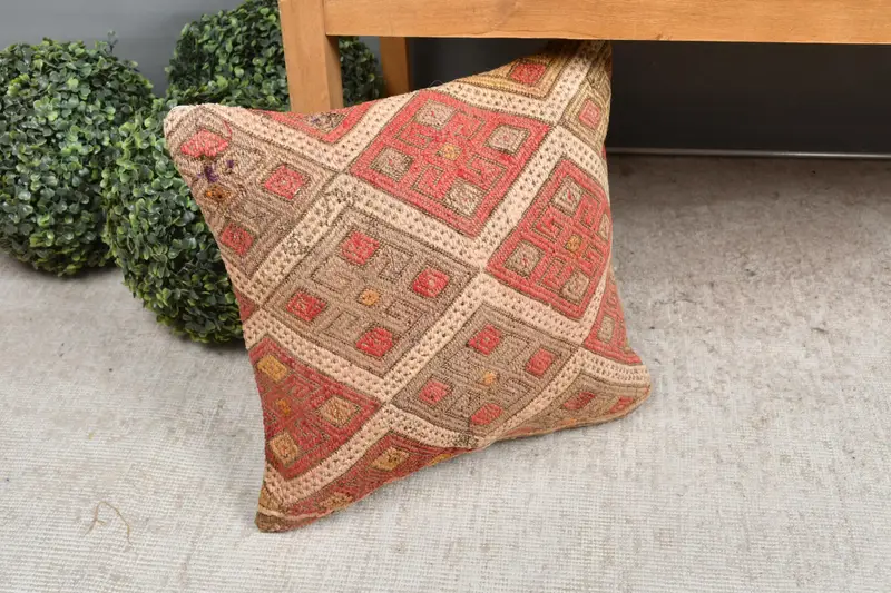 Vintage Kilim Pillow, 16x16 Red Pillow Case, Cushion Case, Boho Throw Pillow, Boho Pillow, Crochet Pattern Pillow Case, Turkish Pillow, Bed Pillow - 7