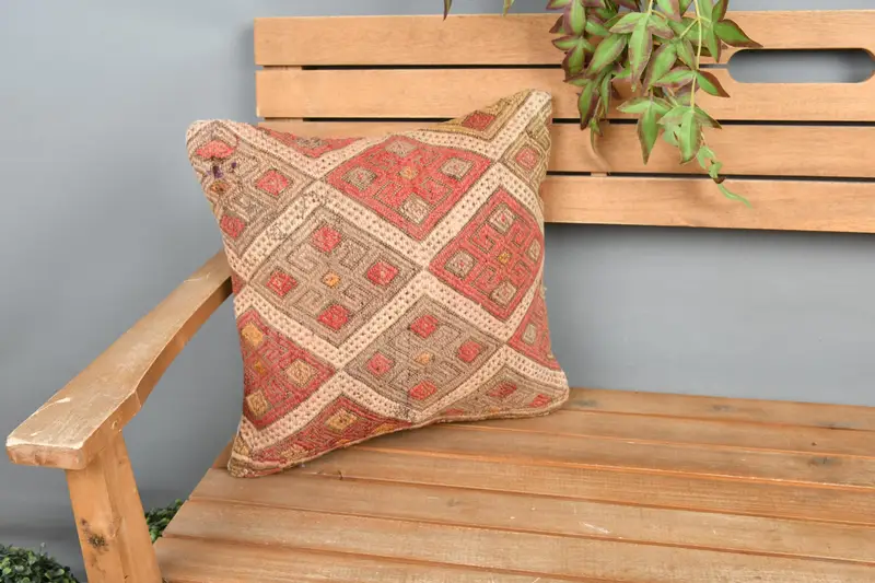 Vintage Kilim Pillow, 16x16 Red Pillow Case, Cushion Case, Boho Throw Pillow, Boho Pillow, Crochet Pattern Pillow Case, Turkish Pillow, Bed Pillow - 1