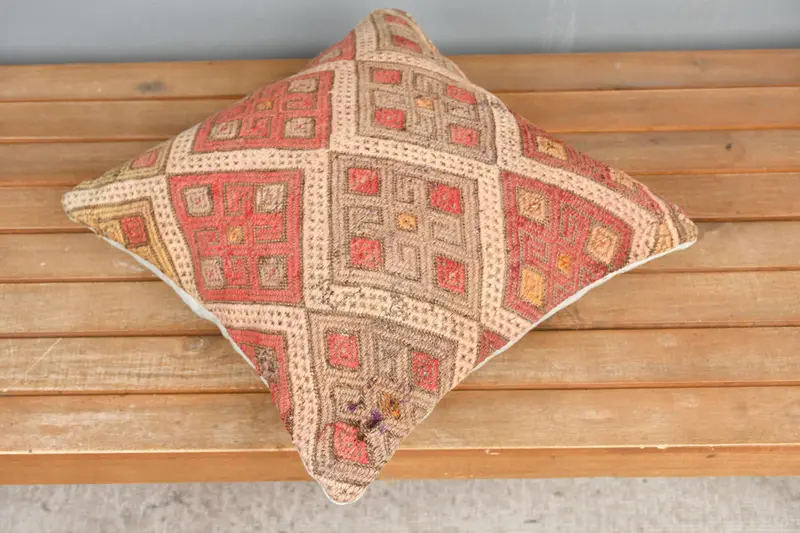 Vintage Kilim Pillow, 16x16 Red Pillow Case, Cushion Case, Boho Throw Pillow, Boho Pillow, Crochet Pattern Pillow Case, Turkish Pillow, Bed Pillow - 2