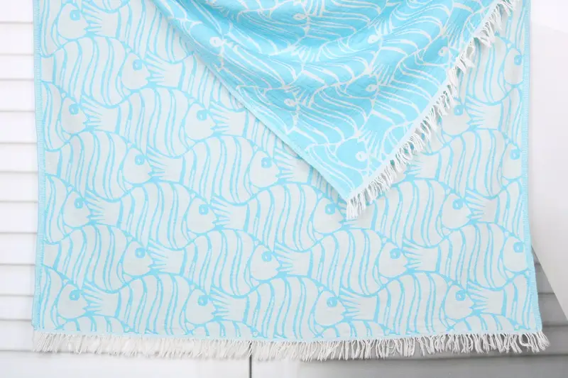 Bachelorette Party Gift Turquoise Cotton Towel Fish Design, 36x71 Inches