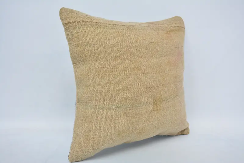 Handmade Rug Seat Cushion Case, Boho Pillow, Pillow for Couch, Boho Chic Pillow Cover, Vintage Kilim Throw Pillow, 16x16 Beige Pillow, Pillow Case - 3