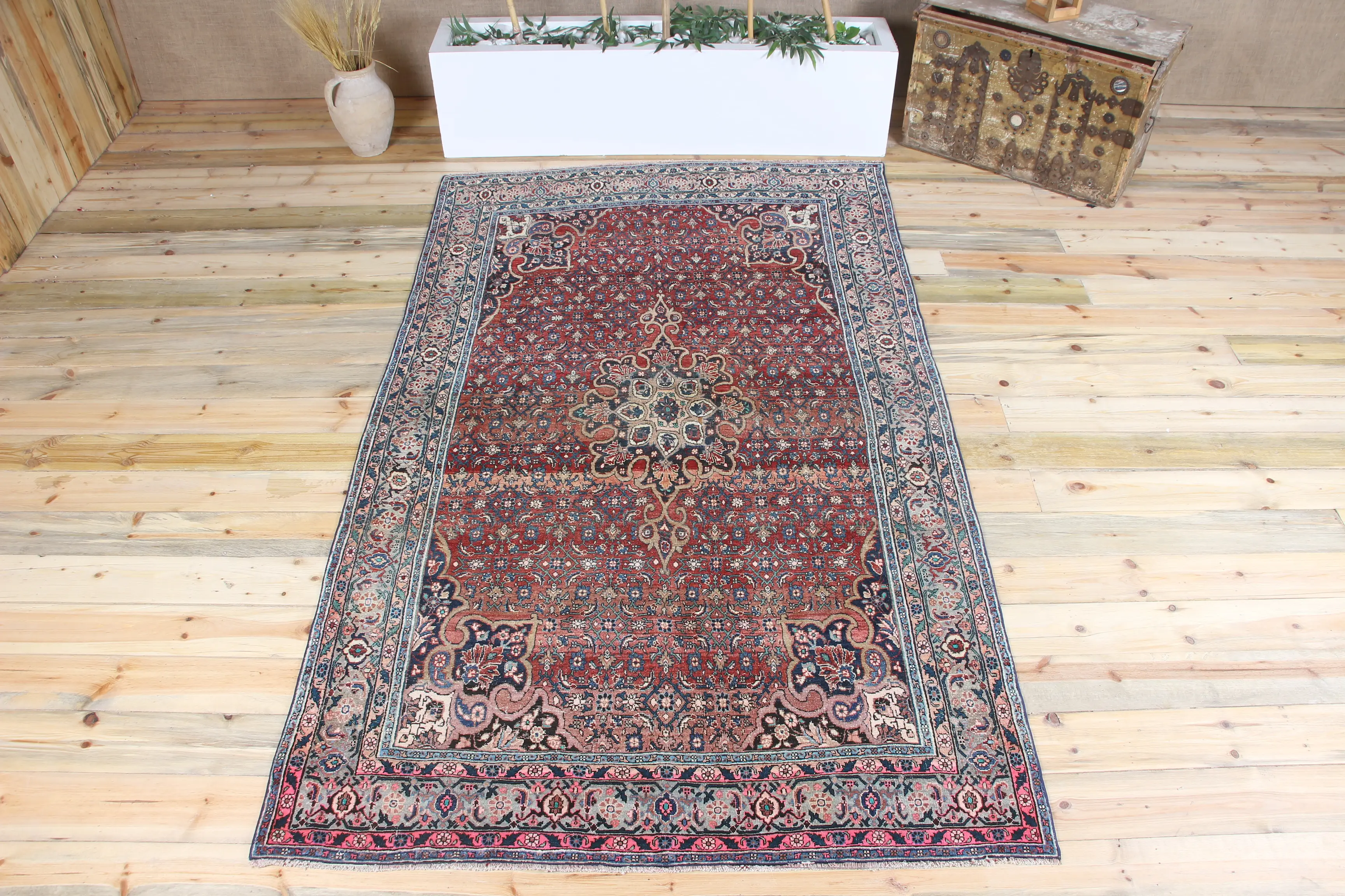 4.9x8.2 ft Türk Halısı, Vintage Büyük Halı, Mavi Pembe Çiçekli Halı - 1