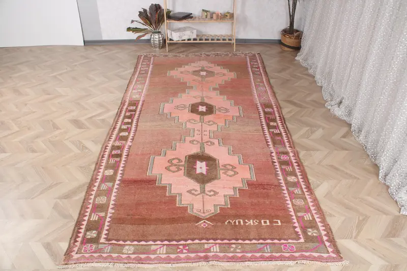 Alfombra vintage turca, alfombra grande de 5,4x11,9 pies, alfombra roja Oushak - 1