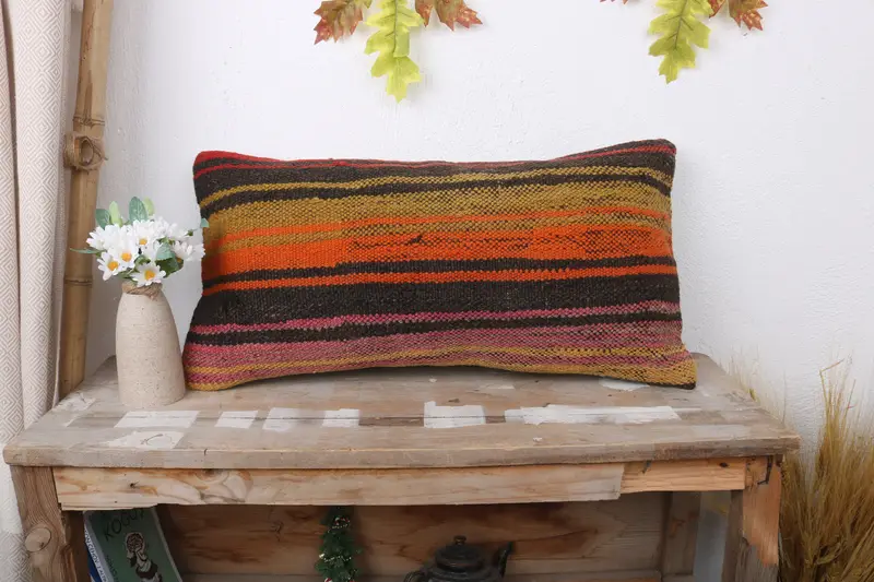 Kilim Rug Pillow Cover, 12x24 Orange Pillow Case, Muted Pillow Sham, Cushion Cover, Kilim Pillow, Handmade Kilim Cushion, Pillow for Sofa - 1