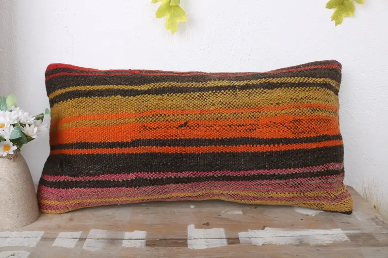 Kilim Rug Pillow Cover, 12x24 Orange Pillow Case, Muted Pillow Sham, Cushion Cover, Kilim Pillow, Handmade Kilim Cushion, Pillow for Sofa - 2