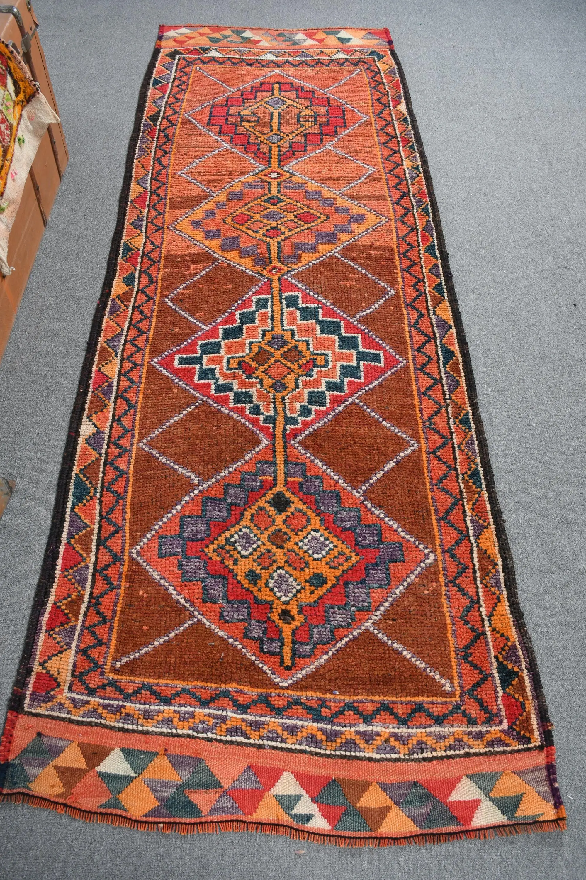 Turkish Vintage Rug, 3.2x8.6 ft Herki Rug, Orange Blue Bordered Rug - 1