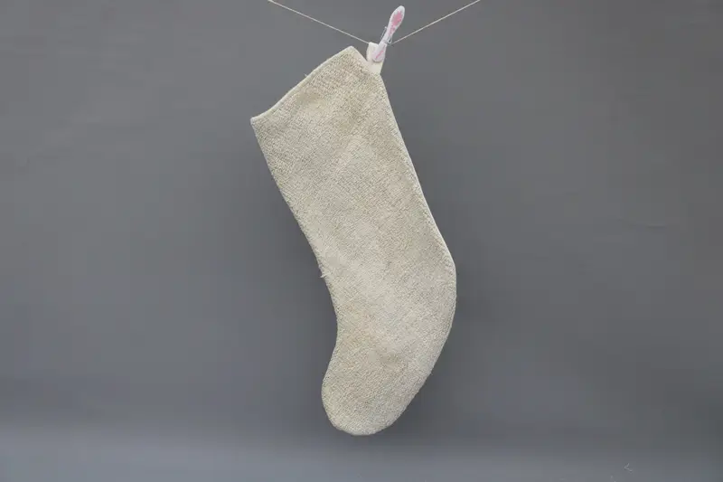 Beige Christmas Stocking with White Ornaments, Festive Holiday Décor