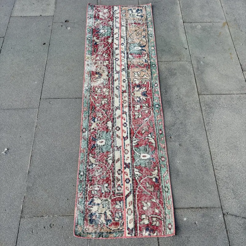 1.4x5.1 ft Rug, Vintage Turkish Rug, Red Oushak Wool Rug - 1