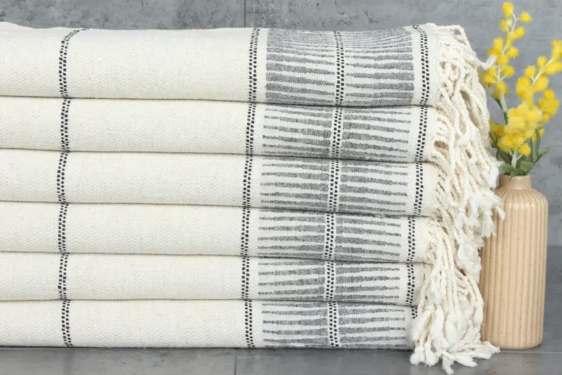 Turkish Beach Blanket Personalized Black Striped Linen Towel, 40x71 Inches