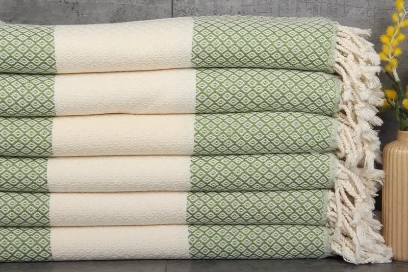 Turkish Beach Towel Khaki Green Diamond, Organic Cotton, 36x71 Inches