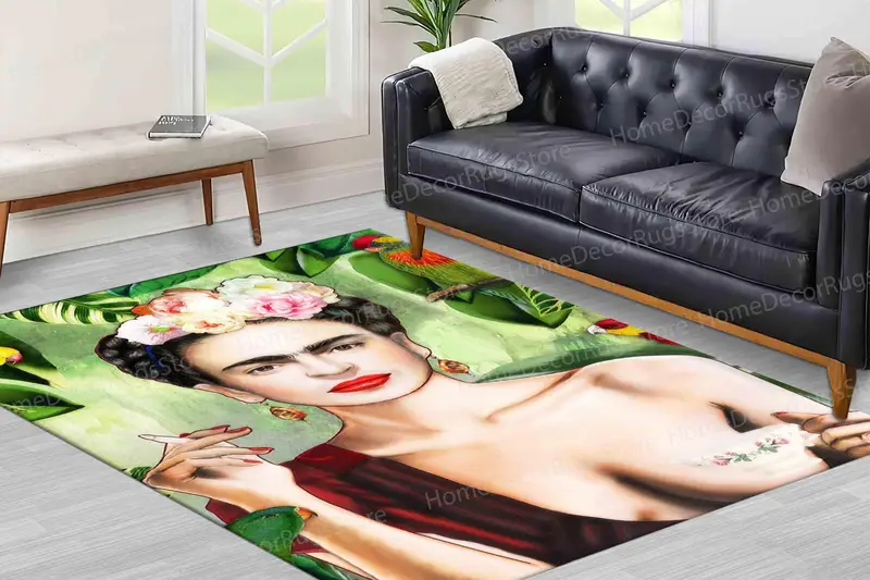 Frida Kahlo Birds Jungle Woman Print Teppich, lebendiges Bohemian-Dekor