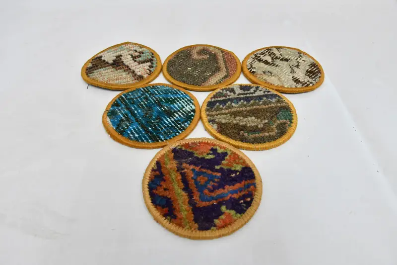 ブルーとオレンジの織りラグコースター、コースター6枚セット