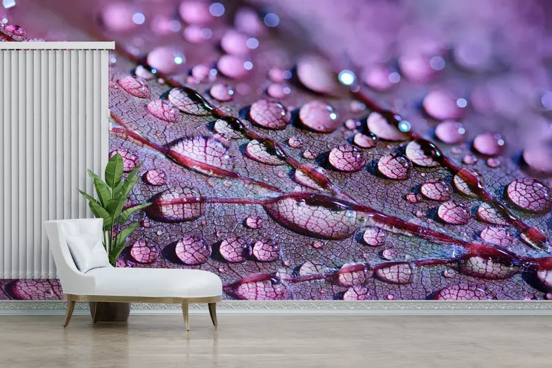 Modern Mor Yaprak ve Su Damlası Baskılı Duvar Kağıdı - Trendy Dekor
