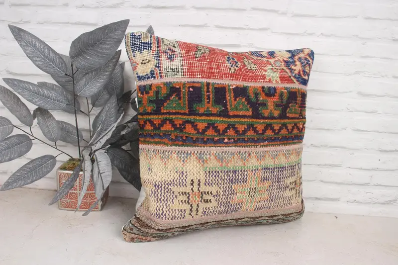Vintage Kilim Pillow, Boho Pillow, Pillow Cover, Handmade Kilim Cushion, Pattern Throw Pillow Sham, 20x20 Red Pillow Sham, Floor Pillow Cover - 3