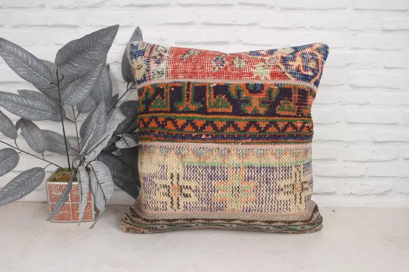 Vintage Kilim Pillow, Boho Pillow, Pillow Cover, Handmade Kilim Cushion, Pattern Throw Pillow Sham, 20x20 Red Pillow Sham, Floor Pillow Cover - 1