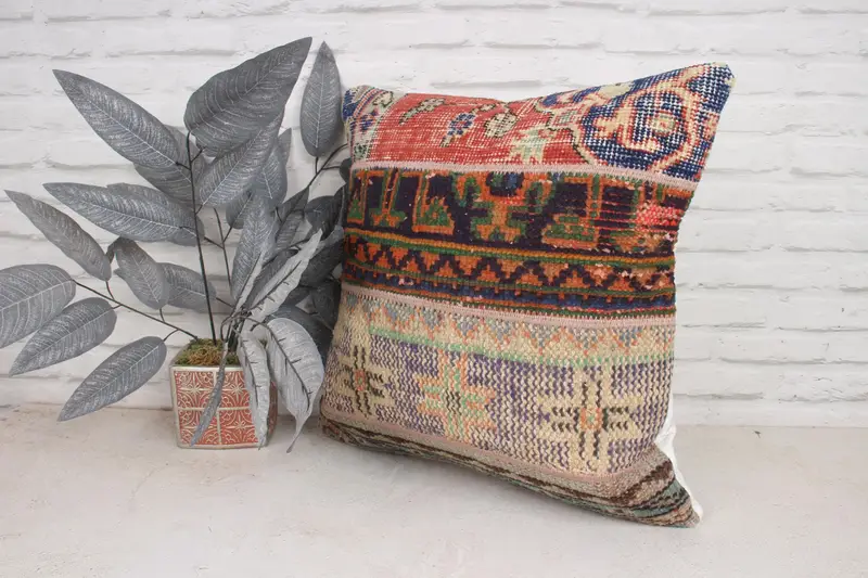 Vintage Kilim Pillow, Boho Pillow, Pillow Cover, Handmade Kilim Cushion, Pattern Throw Pillow Sham, 20x20 Red Pillow Sham, Floor Pillow Cover - 4