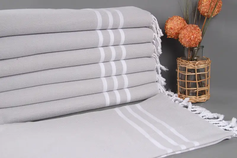 Embroidered Hand Towel Organic Cotton Light Gray Stripes, 18x40 Inches