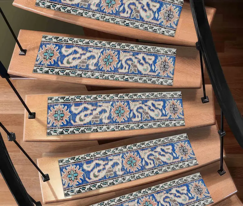 Kilim Design Printed Rug: Bohemian Stair Rug in Blue & Orange