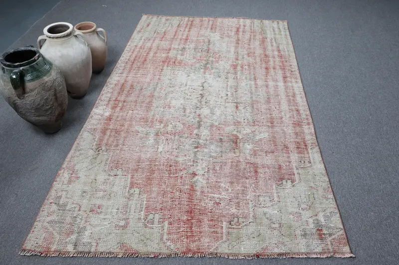Türk Bölge Halısı 4,6x7,4 ft (140x226 cm), Oushak Kırmızı Kareli Vintage Halı - 1
