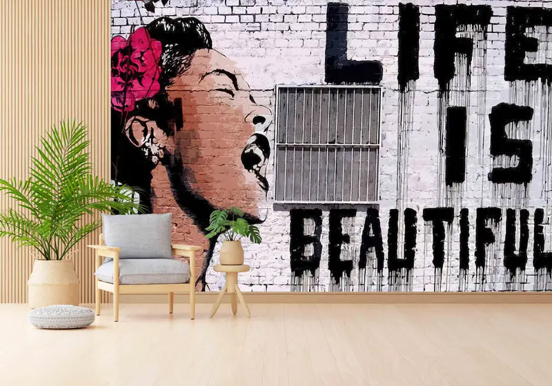 Modern Mekanlar İçin Zarif Banksy Graffiti Kadın Baskılı Duvar Kağıdı