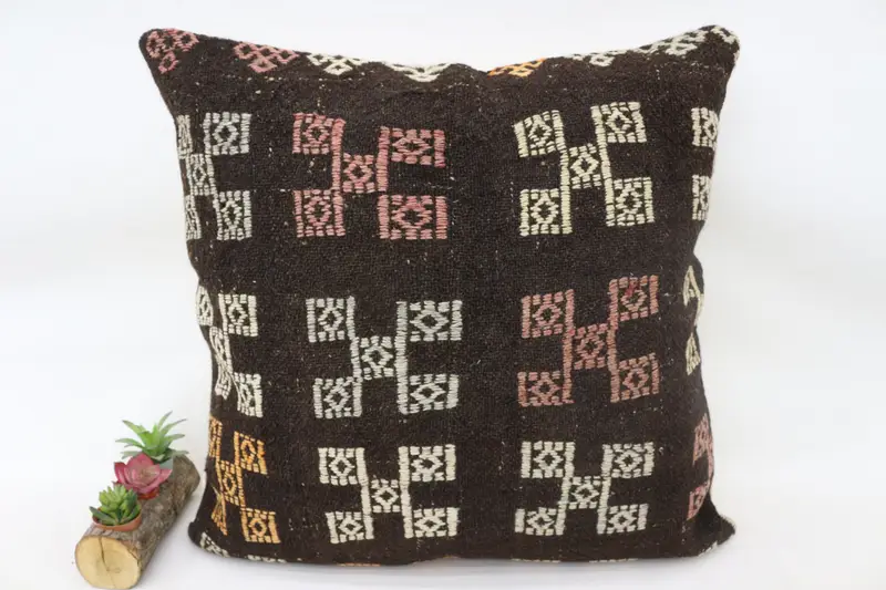Boho Pillow, Pillow Case, Handmade Kilim Cushion, 28x28 Brown Pillow Cover, Morroccon Kilim Cushion Cushion Cover, Antique Pillows - 4
