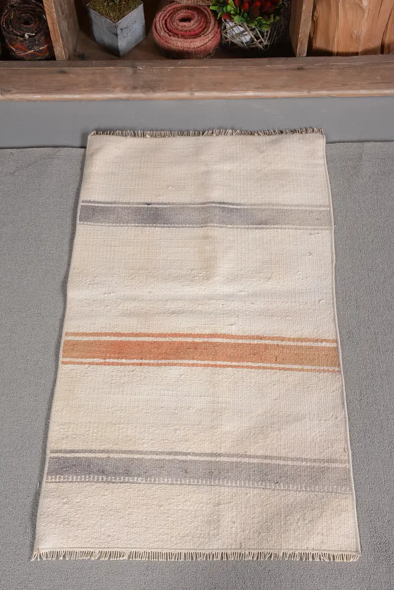 Vintage Turkish Rug, 1.8x3.1 ft Small Rug, Beige Brown Geometric Rug - 1