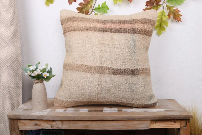 Beige & Brown Striped Throw Pillow, Vintage Embroidered Cushion