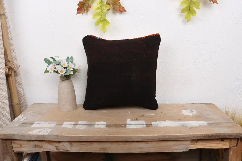 Cushion Case, Interior Designer Pillow, Patio Cushion, Kilim Cushion Sham, Turkish Kilim Pillow, Pet Cushion Cover, 12x12 Black Pillow Cover - 1