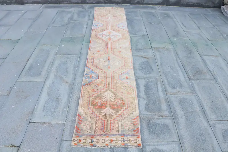 Vintage Herki Runner Rug 1.7x9.3 ft (51x283 cm), Turkish Brown Floral Rug - 1