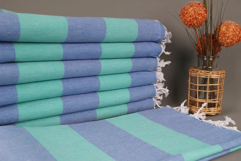 Beach Towel Turkish Cotton Benetton Green-Sax Blue Stripes, 40x71 Inches