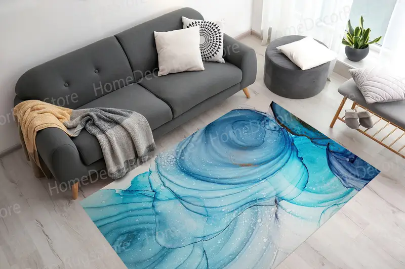 Mavi Mermer Baskılı Halı: Modern Soyut Çağdaş Tasarım