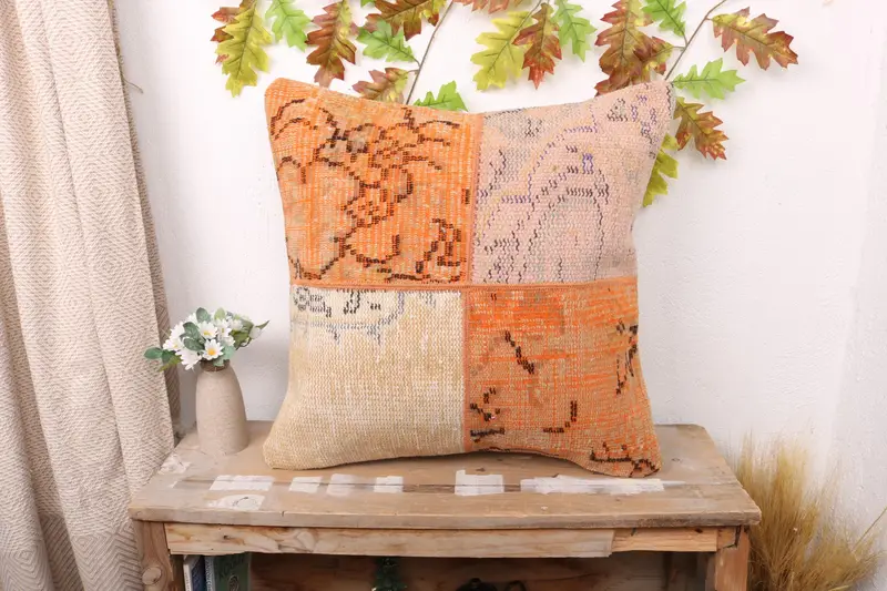 Orange & Beige Patchwork Kissen, 22x22 handgemachtes Kissen
