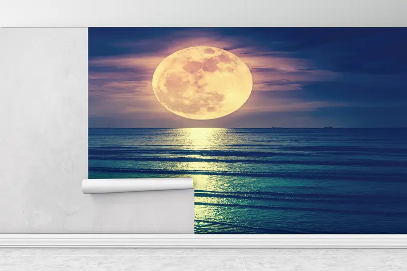 Sea Wallpaper, Super Moon Mural, Bright Wall Paper, Landscape Wallpaper, , Paper Wall Art, Wall Paper Peel and Stick, View Wall Decor, - 1