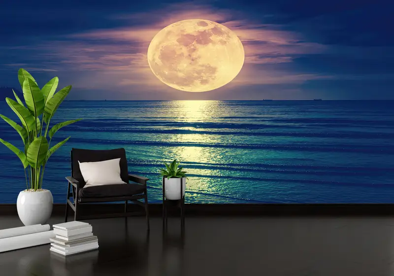 Sea Wallpaper, Super Moon Mural, Bright Wall Paper, Landscape Wallpaper, , Paper Wall Art, Wall Paper Peel and Stick, View Wall Decor, - 8