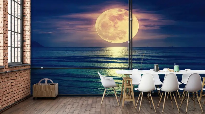 Sea Wallpaper, Super Moon Mural, Bright Wall Paper, Landscape Wallpaper, , Paper Wall Art, Wall Paper Peel and Stick, View Wall Decor, - 5