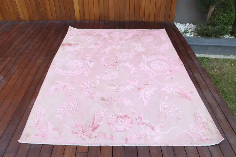 Vintage Turkish Rug 5.4x7.4 ft, Pink Oushak Ombré Rug - 1