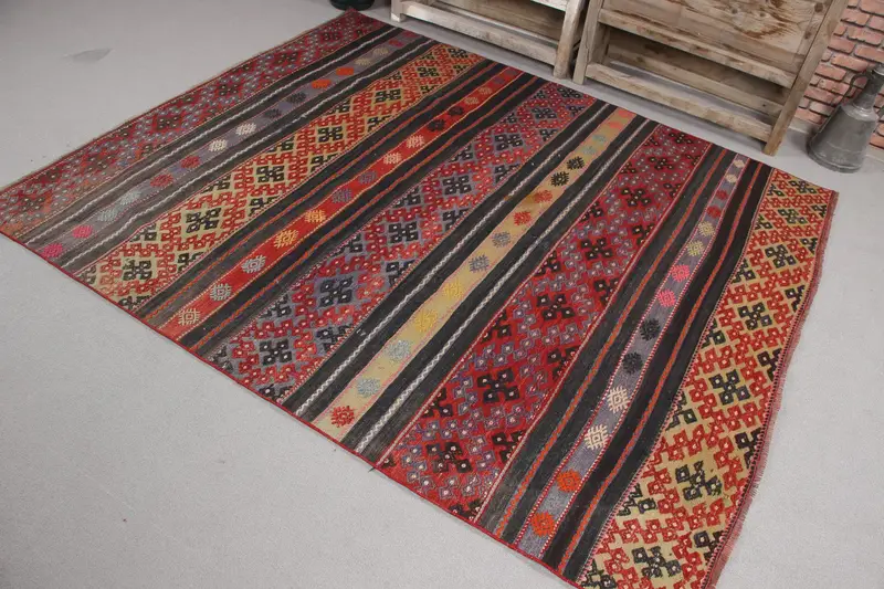 Alfombra de 5,6x6,7 pies, alfombra turca vintage, alfombra de lana Kilim roja - 1