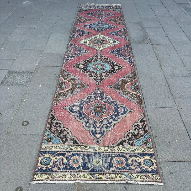 Turkish 2.8x12.2 ft Runner Rug, Vintage Rug, Oushak Red Camouflage Rug - 1
