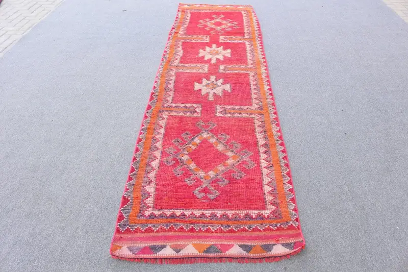 Türk Halısı, 2.8x10.5 ft Yolluk Halısı, Kırmızı Turuncu Herki Yün Halı - 1